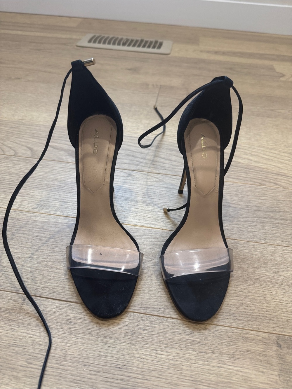 ALDO Black Suede Ankle-Tie Clear-Strap Stiletto Heels